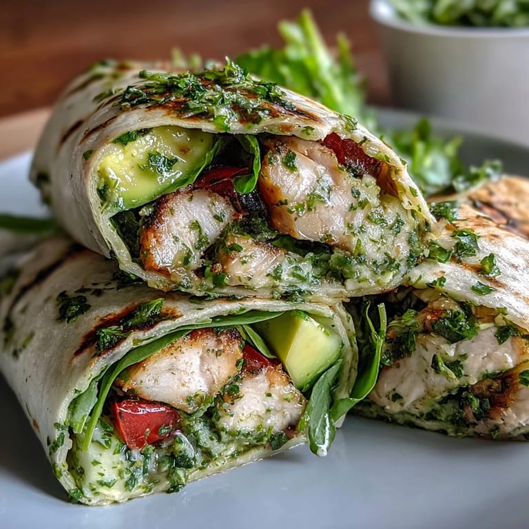 Colorful chimichurri chicken salad wrap halves showing layered greens, red onion, and avocado on a plate, perfect for lunch.