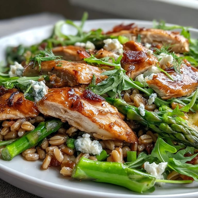 A wholesome Warm Spring Farro Chicken Salad showcasing colorful, crisp vegetables and savory chicken.