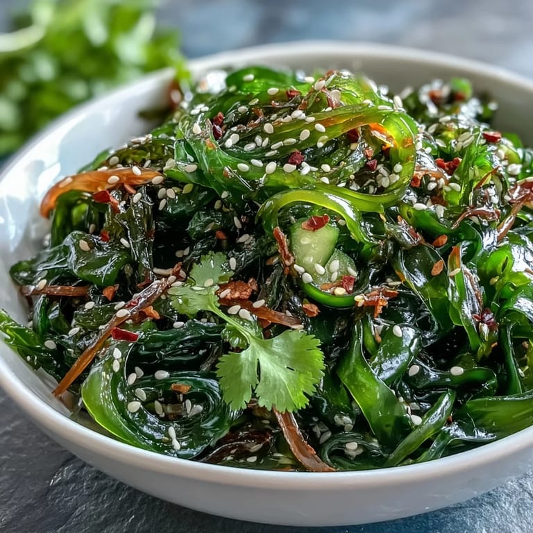Freshly prepared Japanese Seaweed Salad tossed with crunchy vegetables, toasted sesame seeds, and a light, zesty vinaigrette.  