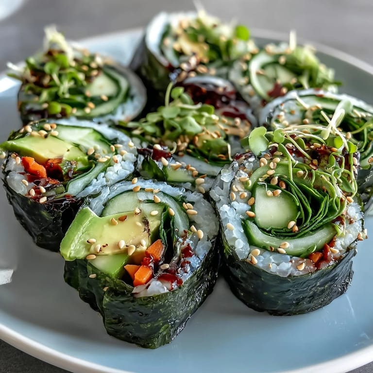 A close-up of sliced Nori Rolls with Vegetables revealing colorful layers of fresh carrots and bell peppers on a platter.