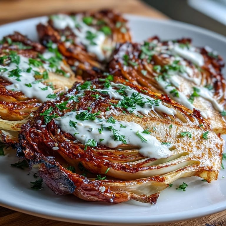 Tender, caramelized roasted cabbage steaks, finished with a velvety tahini drizzle and toasted sesame seeds.