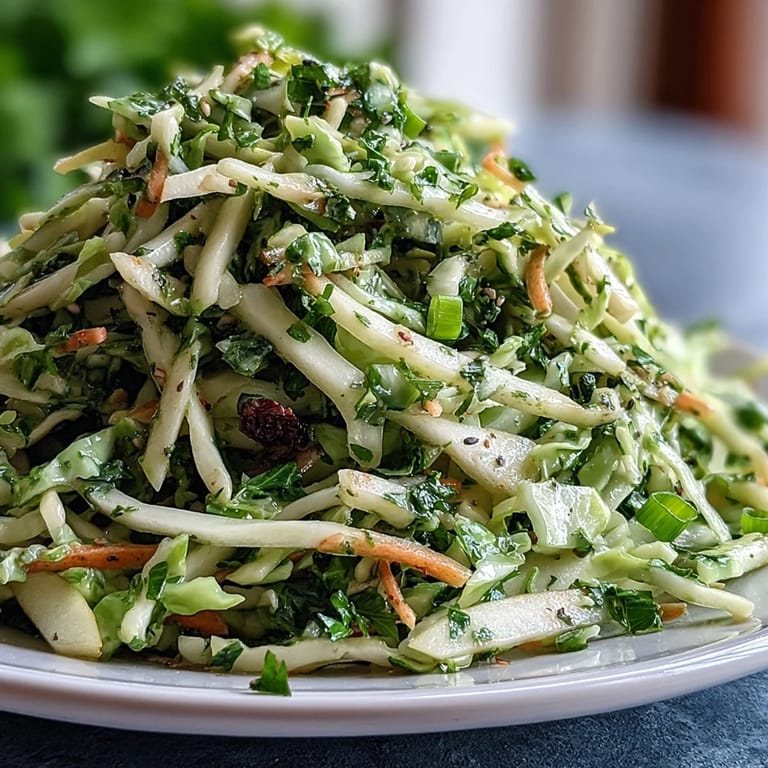 Bright Green Cabbage and Apple Slaw topped with fresh parsley and poppy seeds, served in a white bowl beside grilled chicken.