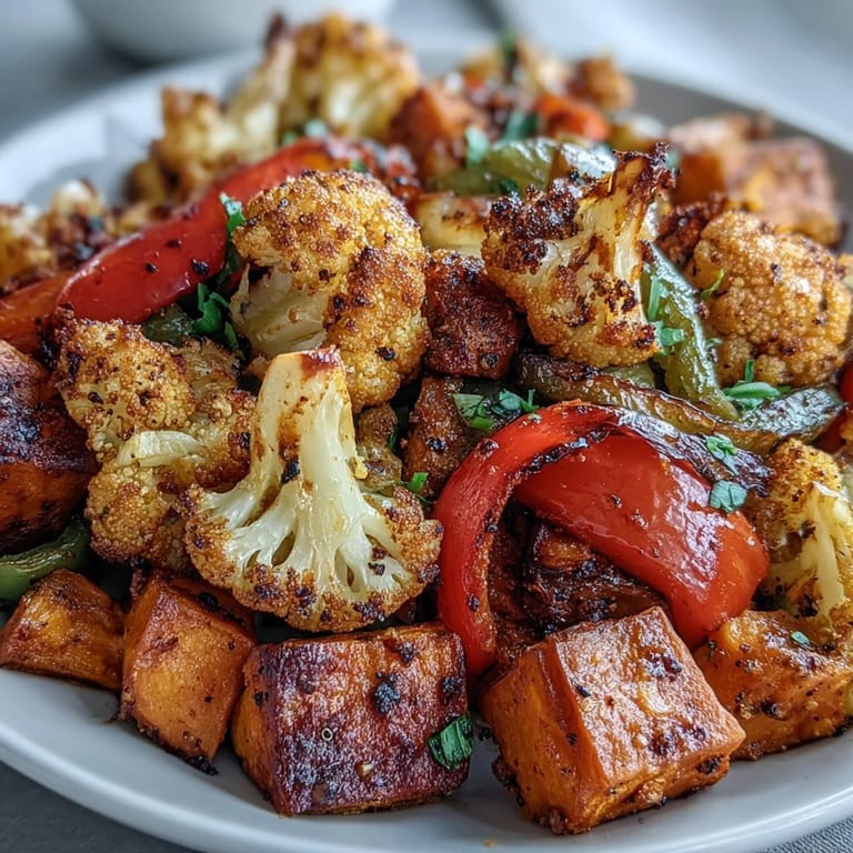 Colorful anti-inflammatory turmeric roasted vegetables paired with quinoa, showcasing tender, spiced cauliflower and sweet potato.