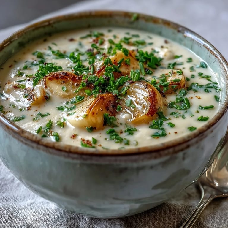 A spoon dipping into creamy Roasted Garlic and Herb Soup, with steam rising and herbs visible.
