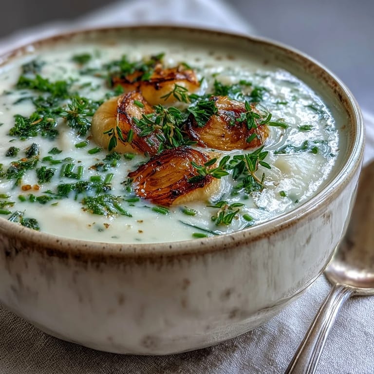 Roasted Garlic and Herb Soup in a rustic bowl, topped with parsley and a side of warm bread.