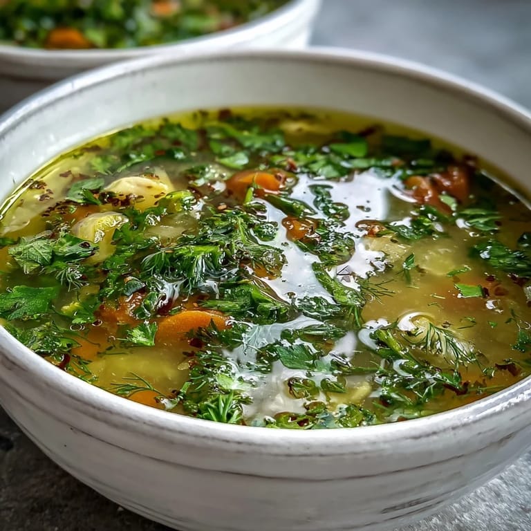Homemade lemon herb soup served hot in a rustic bowl with a lemon slice garnish.