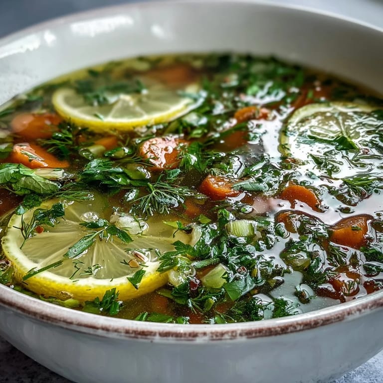 A steaming bowl of lemon herb soup topped with fresh dill and parsley leaves.  