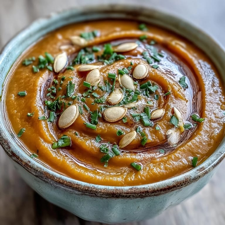 Freshly blended acorn squash soup steams in a rustic bowl, garnished with pumpkin seeds and chives.
