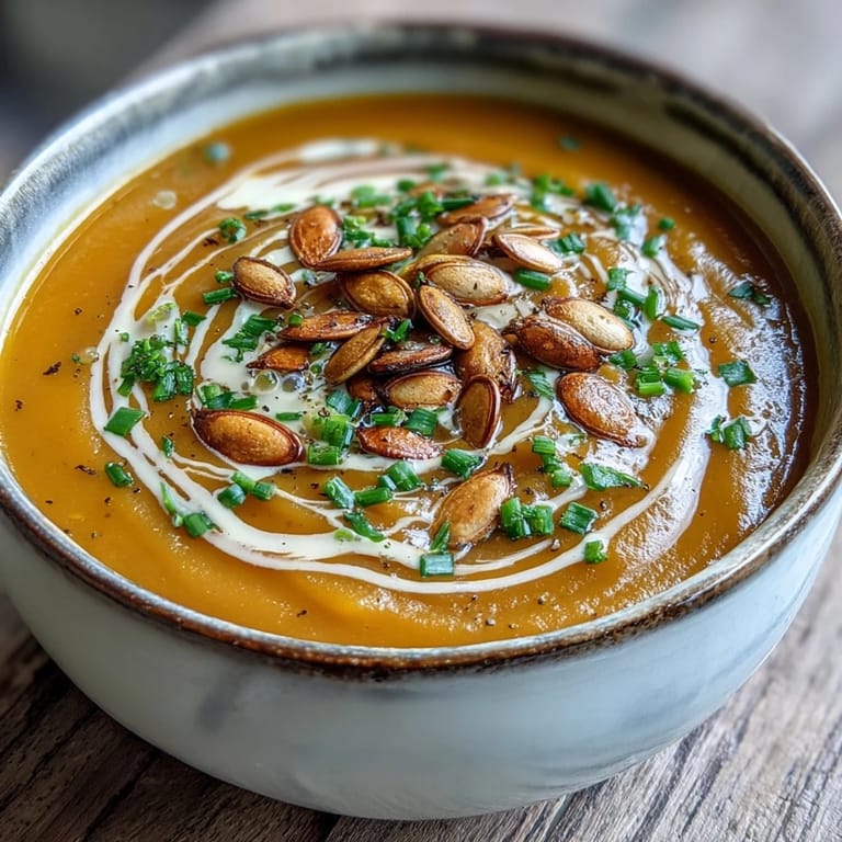 Silky acorn squash soup is poured into a bowl, finishing with a creamy drizzle for a comforting meal.