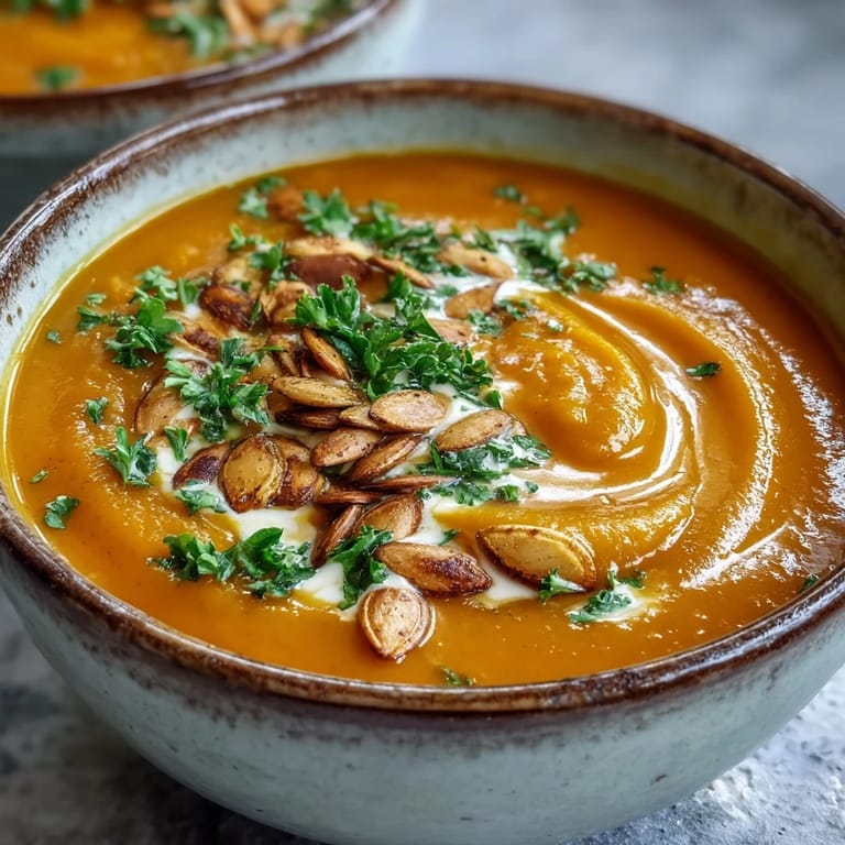 Smooth, velvety pumpkin soup served warm with a swirl of cream and chives.