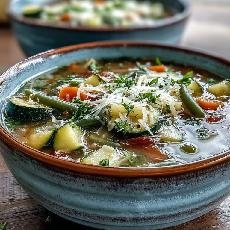 Served in a shallow ceramic dish, Parmesan Veggie Soup features diced carrots, zucchini, and green beans topped with extra grated Parmesan.