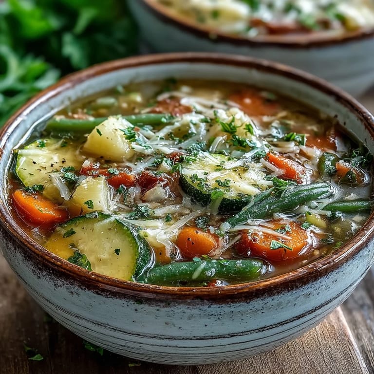 A ladle pours creamy Parmesan Veggie Soup into a white bowl, with steam rising and crusty bread on a wooden table.