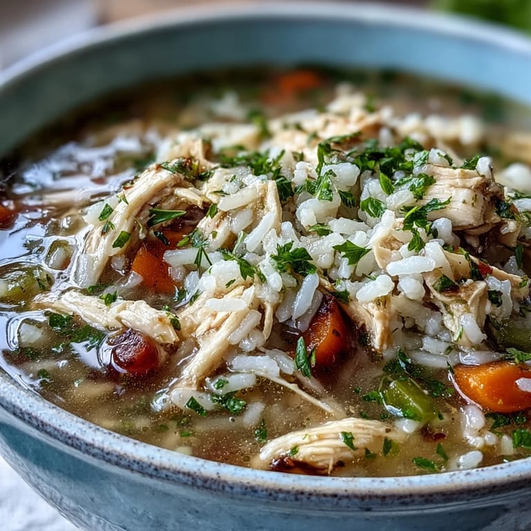 An inviting top-down view of homemade Cozy Winter Chicken and Rice Soup, featuring carrots, celery, and savory herbs.