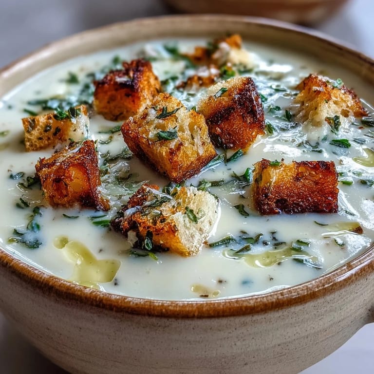 A steaming bowl of Garlic and Herb Soup with golden croutons, ready to enjoy as a comforting vegetarian starter.