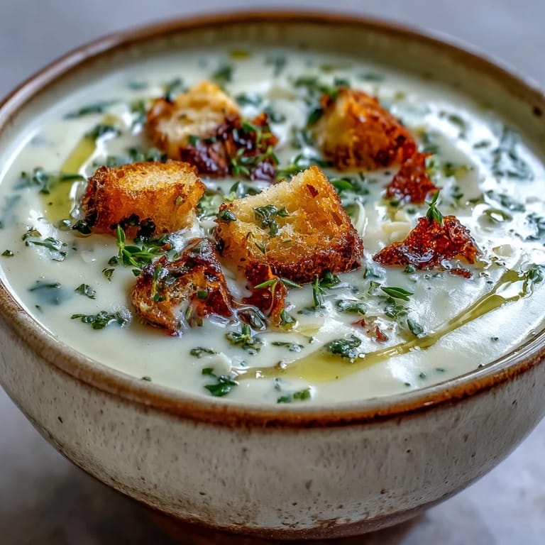 Garlic and Herb Soup with chopped chives and thyme, blended until smooth, served warm for an easy weeknight meal.