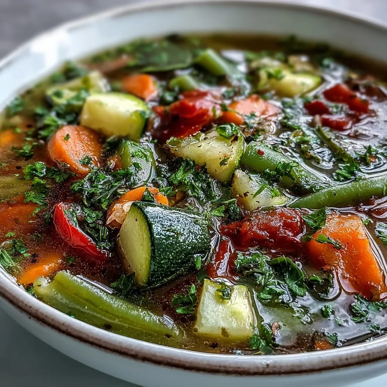 A steaming pot of Italian Herb Vegetable Soup, featuring red bell peppers and green beans, ready to be ladled into bowls.