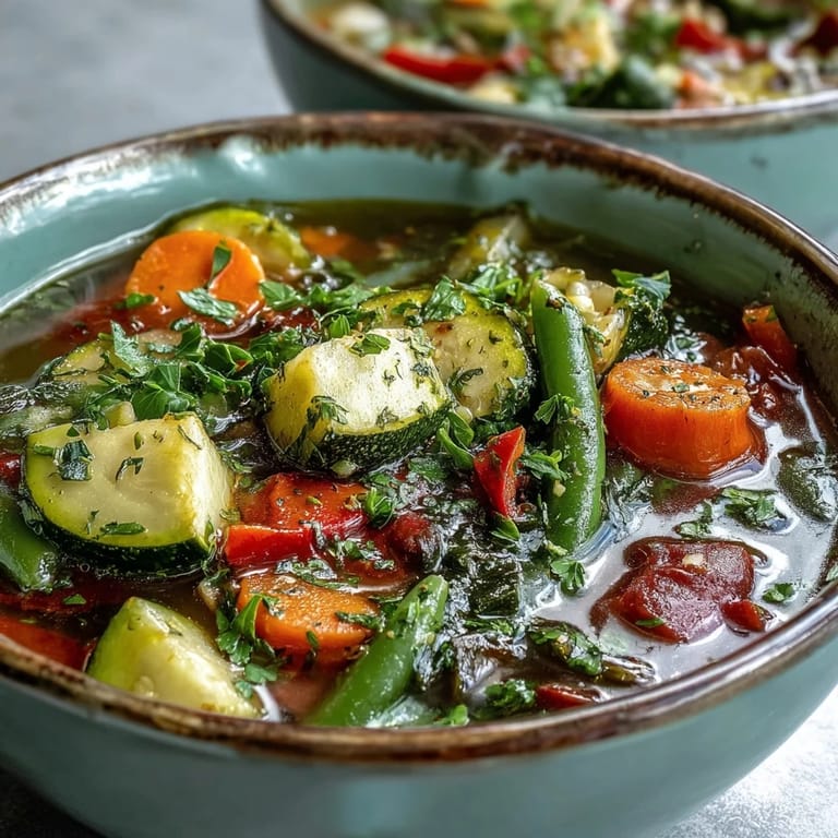 Vibrant Italian Herb Vegetable Soup topped with grated Parmesan and parsley, served with crusty bread on a rustic wooden table.