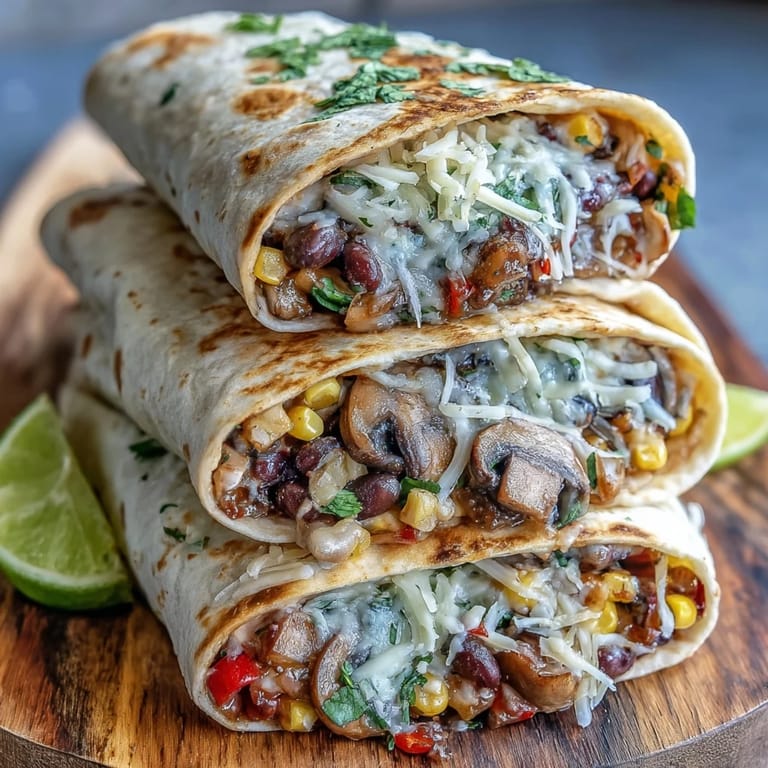Warm Veggie Burritos cut in half to reveal the hearty bean and vegetable filling, ready to serve.