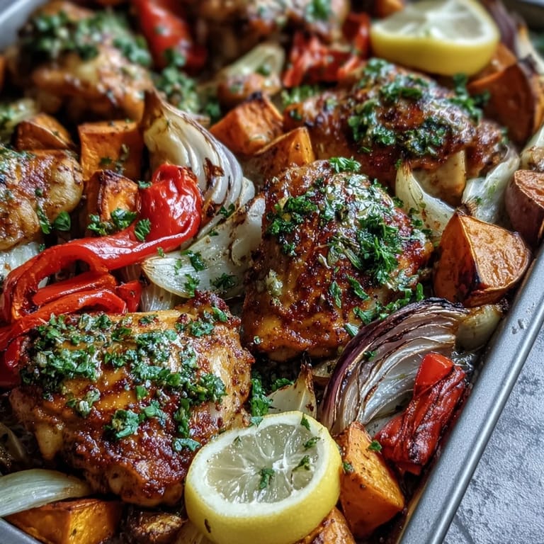 Served family-style with lemon wedges and herbs, the Chicken and Sweet Potato Traybake highlights crispy-skinned chicken and roasted vegetables.