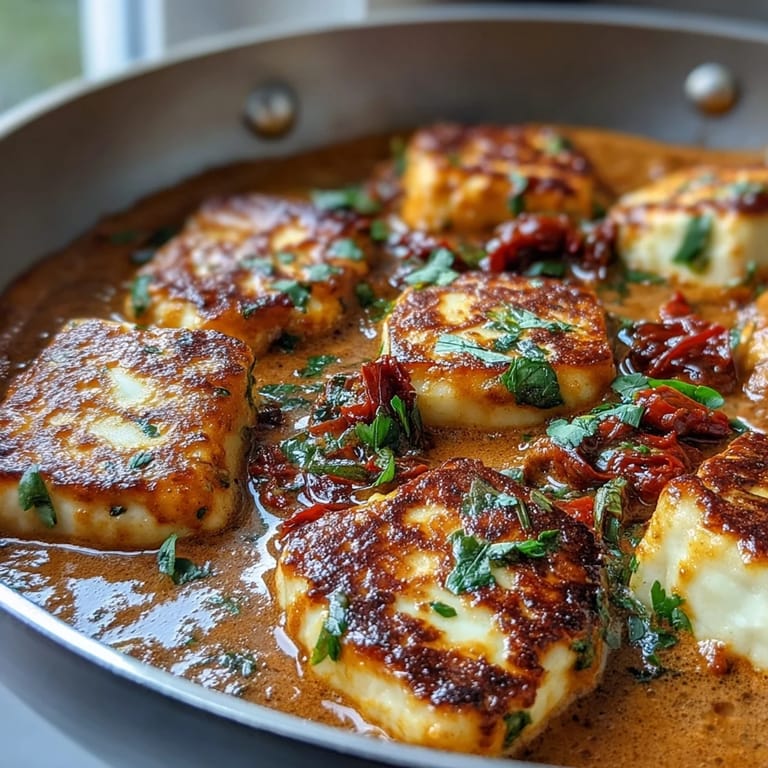 Creamy Halloumi and Tomato Curry is garnished with fresh cilantro and lemon wedges.