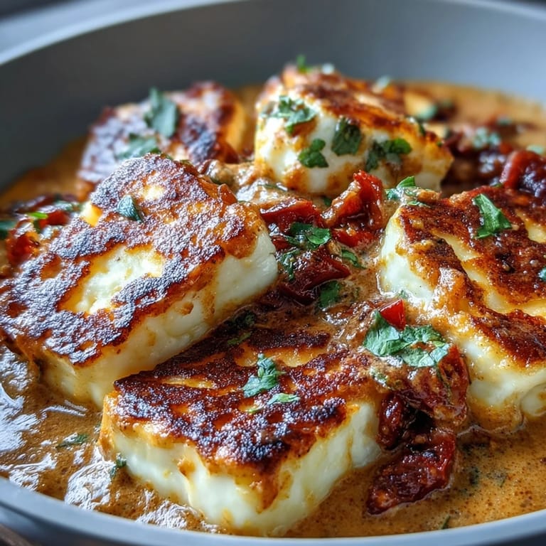 Mild Indian-inspired curry with halloumi and red bell pepper served alongside fluffy basmati rice.