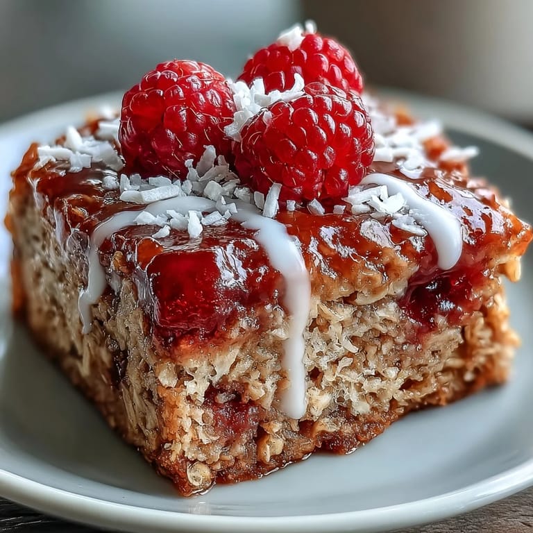 Freshly baked Baked Oatmeal with Raspberry and Coconut squares cooling on a rack, showing a soft interior studded with vibrant raspberries.