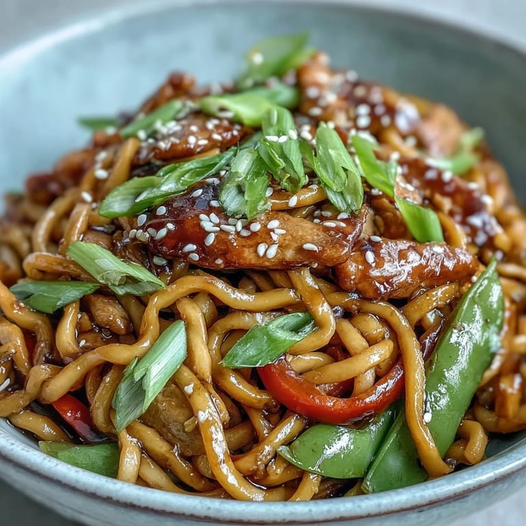 Tender pork and colorful vegetables mix with noodles and sauce in this Pork Noodle Stir-Fry in a skillet.