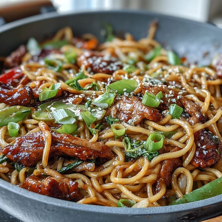 Close-up of a steaming plate of Pork Noodle Stir-Fry, garnished with sesame seeds and fresh green onions.