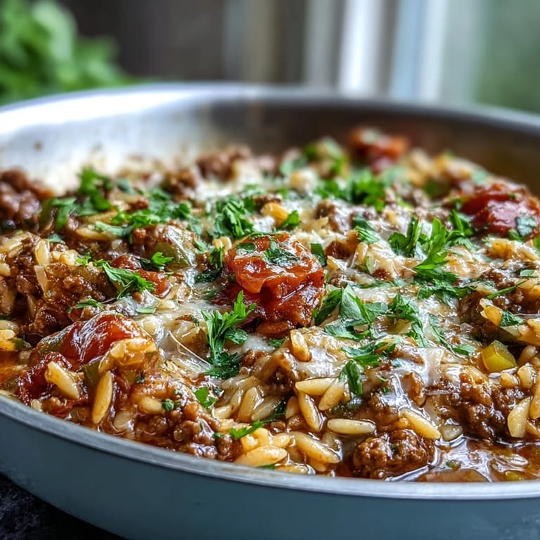 Family-style Comforting Ground Beef Orzo Dinner plated with colorful peas and bell peppers, perfect for a cozy weeknight meal.