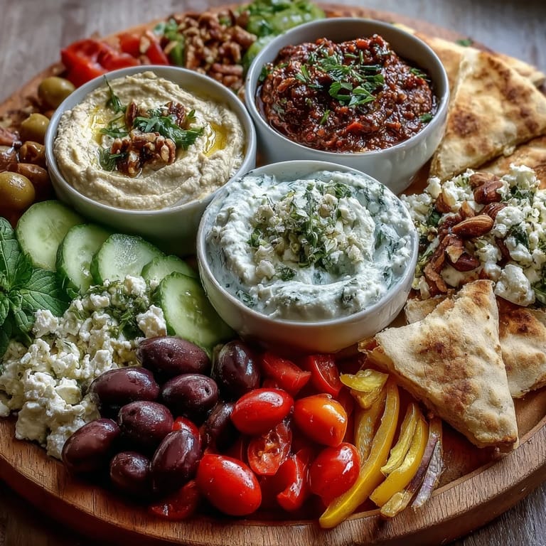 Olive-oil drizzled Mediterranean brunch board with whipped dips, briny olives, crumbled feta, mixed nuts, and fresh herbs for serving.