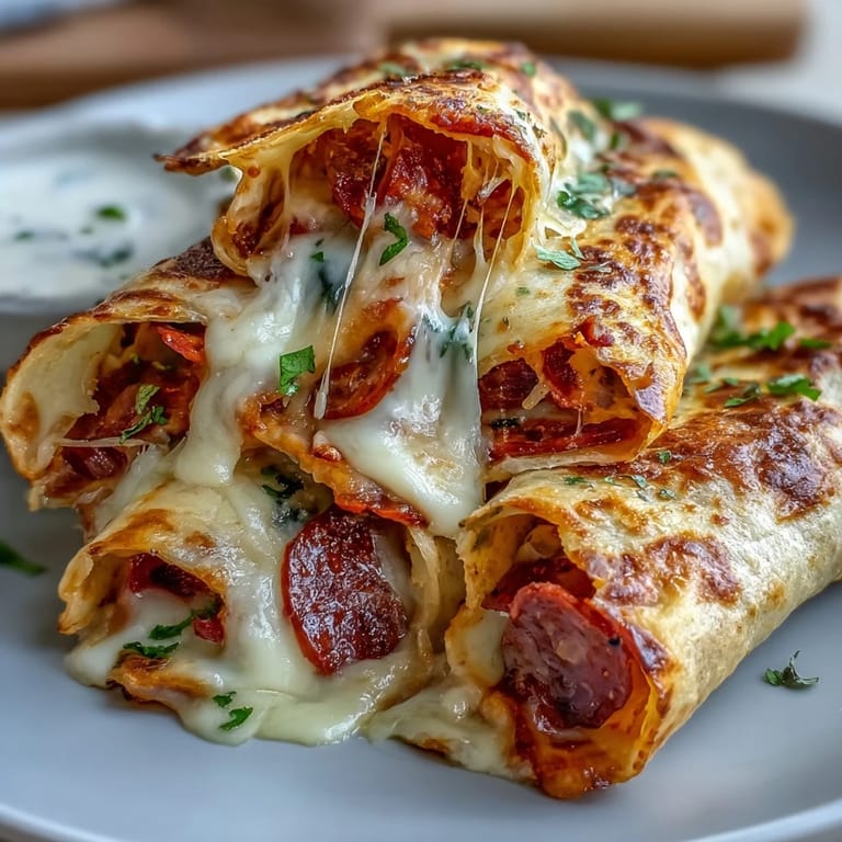 Savory Tortilla Pizza Rolls served warm on a platter with a small bowl of marinara for dipping.