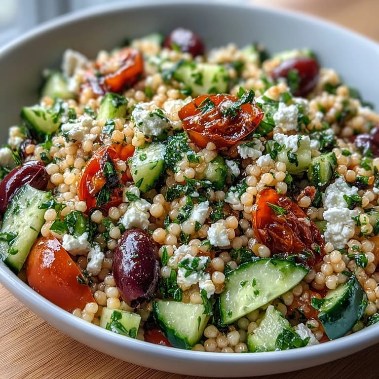 Fluffy Mediterranean Pearl couscous tossed with cherry tomatoes, red onion, and a tangy dressing, served chilled or warm for an easy weeknight meal.