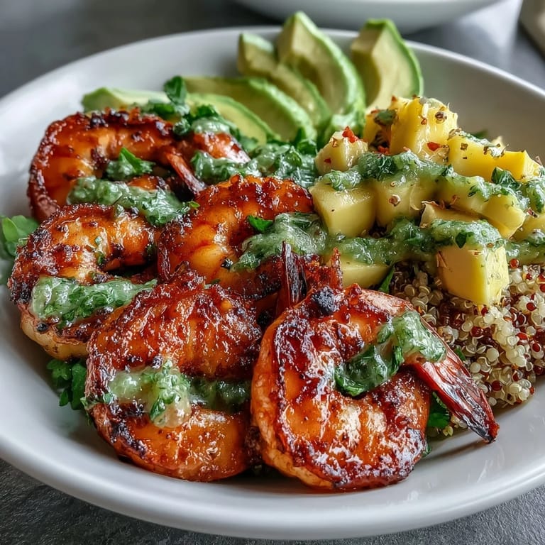 Ready-to-eat dinner bowl featuring juicy grilled shrimp, creamy avocado, fluffy quinoa, and tangy mango salsa with lime chili drizzle.
