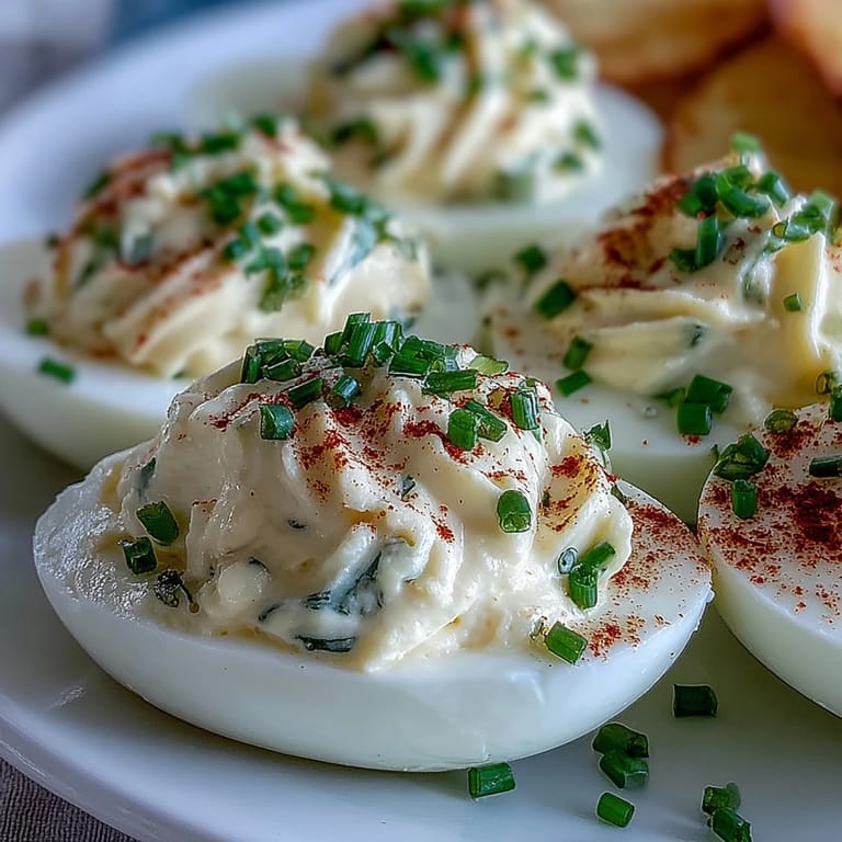 Tangy, creamy Million Dollar Deviled Eggs with chives and paprika served on a chilled platter.