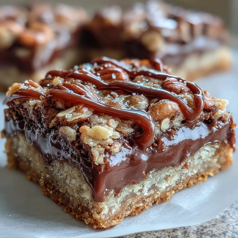 Decadent Sweet and Chewy Turtle Bars stacked high with melted chocolate pools and gooey caramel in a baking pan.