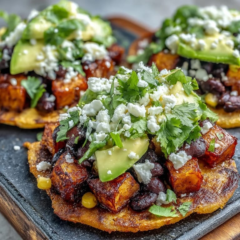 Platter of homemade gluten-free Black Bean and Sweet Potato Tostadas topped with creamy avocado, crumbled feta, and fresh cilantro, ready to serve.