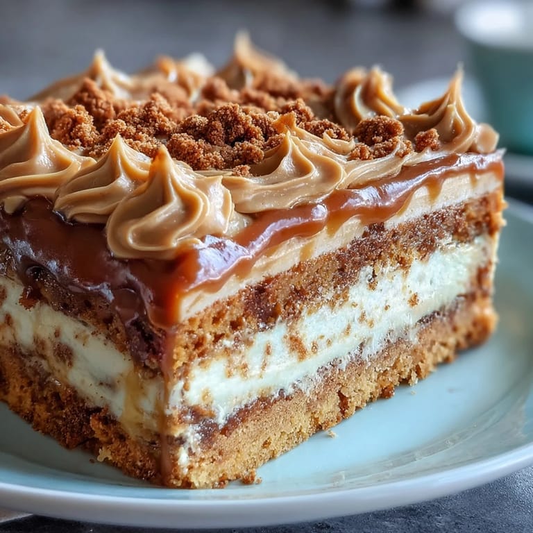 Moist Decadent Baked Biscoff Cake with Creamy Lotus Frosting, featuring a rich swirl of lotus spread and golden crumb on a marble countertop.
