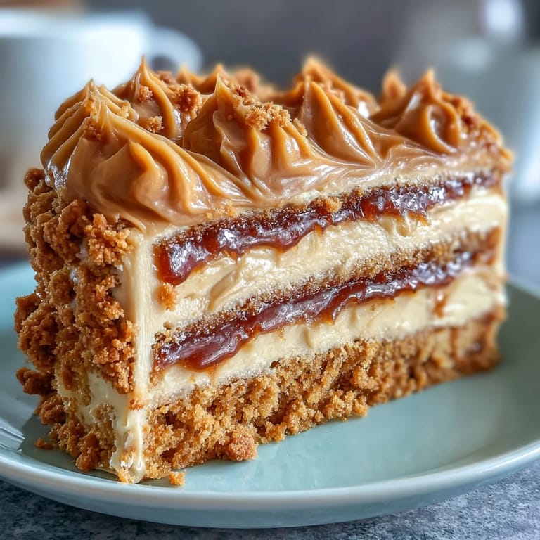 Decadent Baked Biscoff Cake with Creamy Lotus Frosting, ready to serve with a warm cup of coffee and a sprinkle of spiced cookie bits.