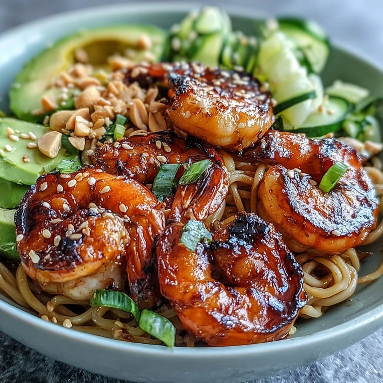 Colorful Asian-inspired noodle bowl featuring smoky grilled shrimp, crisp cucumber, fresh bean sprouts, and creamy avocado, garnished with scallions.