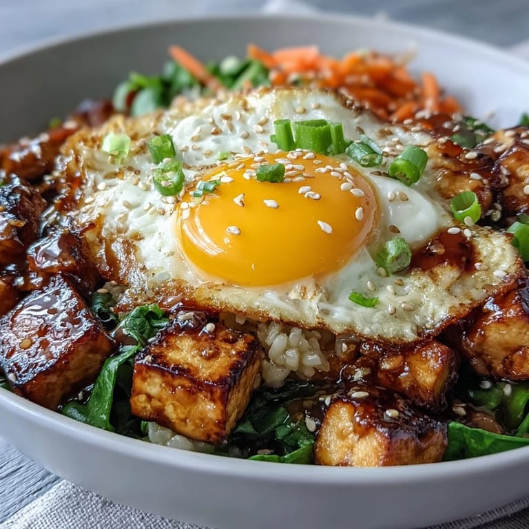 Nourishing breakfast bowl featuring perfectly jammy eggs, steamed rice, and crisp vegetables topped with savory tofu.  