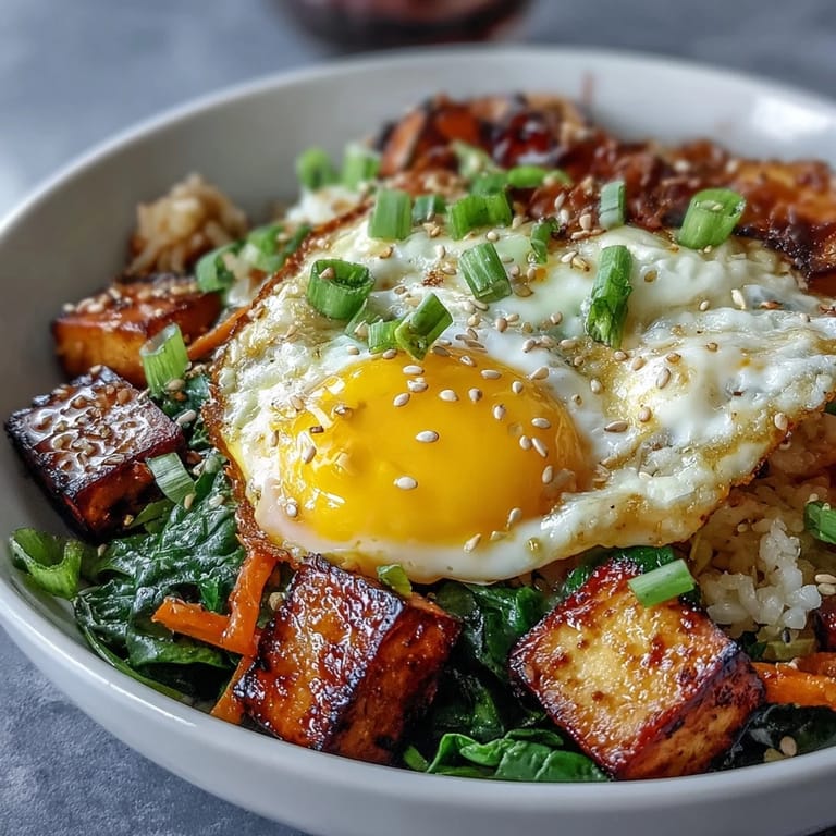 Asian-inspired tofu jammy egg bowl with golden tofu cubes, fresh cucumber, and a spicy ginger scallion drizzle.