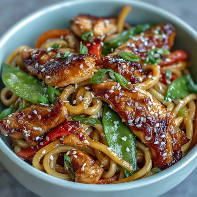 A colorful Sesame Chicken Noodle Bowl featuring stir-fried chicken, fresh veggies, and chewy noodles tossed in a sweet-savory sesame sauce.  