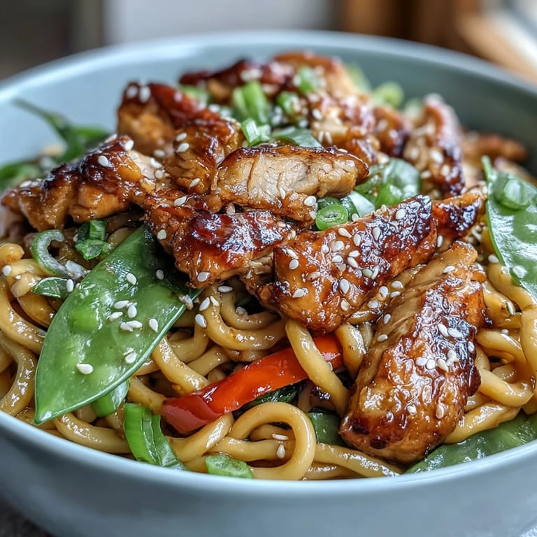 Hearty Sesame Chicken Noodle Bowl with juicy chicken, crunchy vegetables, and udon noodles, garnished with sesame seeds and fresh herbs.
