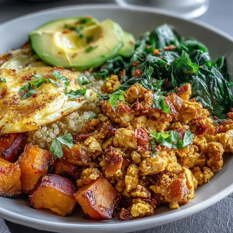 Protein-rich tofu scramble served over quinoa with roasted vegetables and creamy avocado for a nourishing vegan meal.  