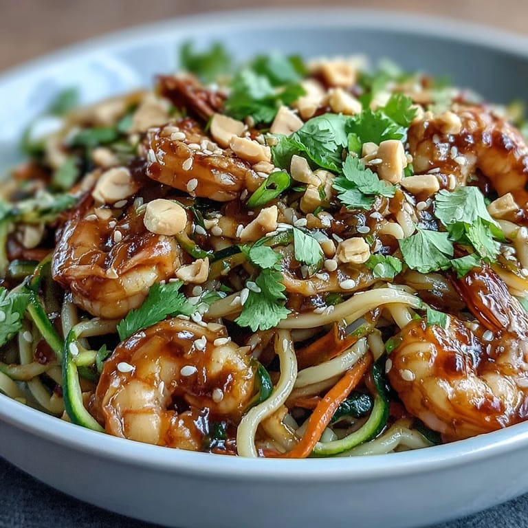Tender rice noodles tossed with crisp zucchini, carrots, and juicy shrimp, all coated in a savory Asian-inspired sauce and garnished with herbs.