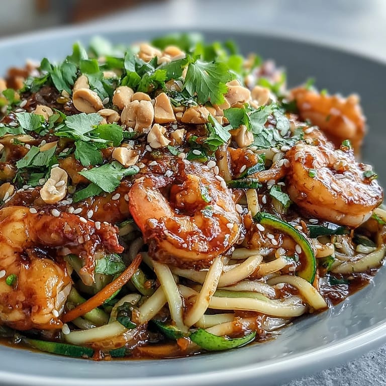 A vibrant shrimp noodle bowl featuring julienned vegetables, zesty lime dressing, and roasted peanuts for crunch, perfect for a quick healthy meal.
