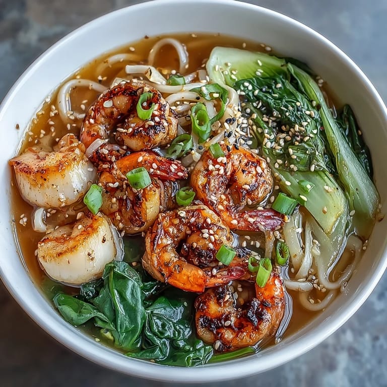 Vibrant Asian Noodle Bowl with Shrimp and Scallops, featuring silky noodles, fresh veggies, and a savory, fragrant broth topped with herbs.