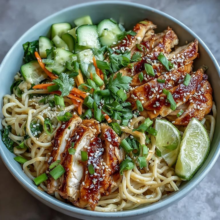 Savory Asian chicken noodle bowl featuring marinated chicken, crisp veggies, and a sesame-ginger dressing, garnished with fresh cilantro and sesame seeds.