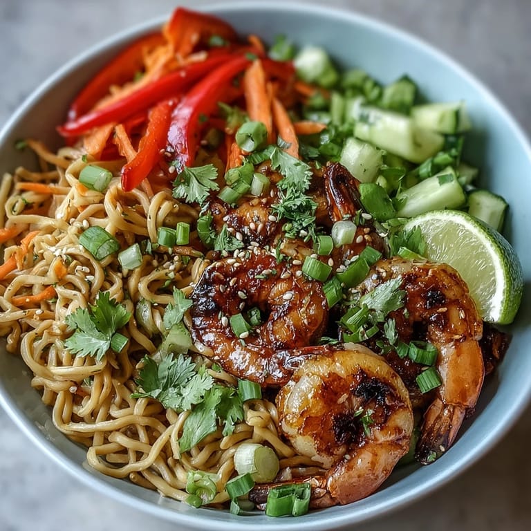A quick Asian noodle bowl features tender grilled shrimp, fresh veggies, and a tangy sesame dressing, perfect for busy weeknight dinners.