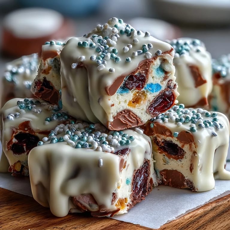 Lucky Charms bark centerpiece on St. Patricks Day dessert board with rainbow candies, pretzels, and chocolate-dipped strawberries.